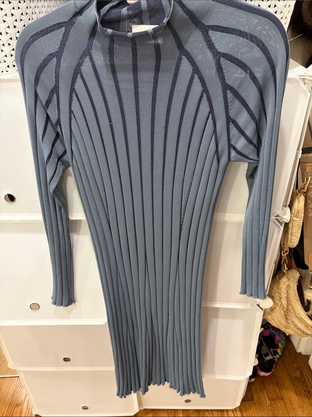 St. John Slate Blue Ribbed Long Sleeve lightweight knit dress